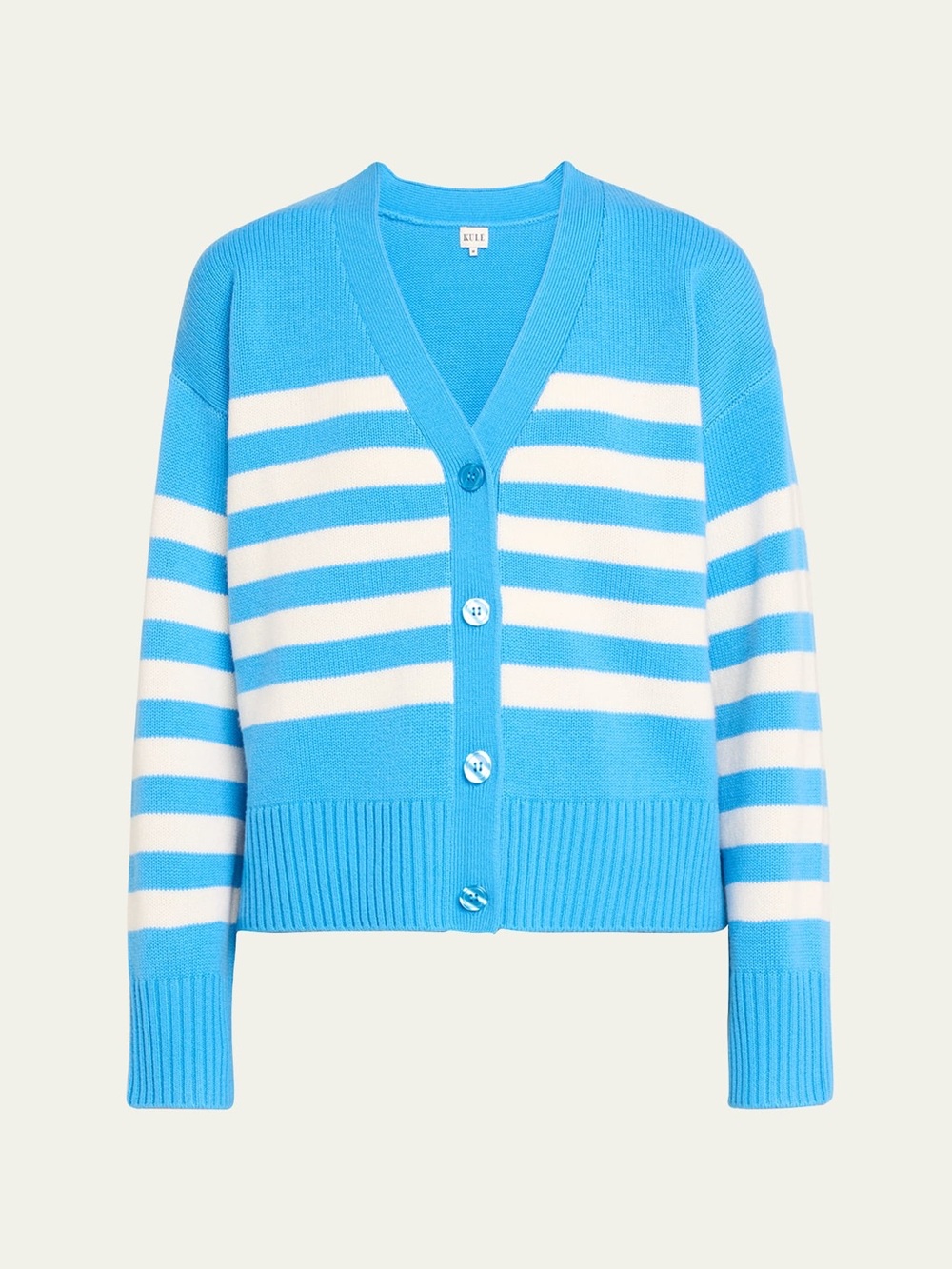 Kule The Raffa Striped Cardigan in Azzurro Blue & Cream V-Neck Cashmere Wool NEW